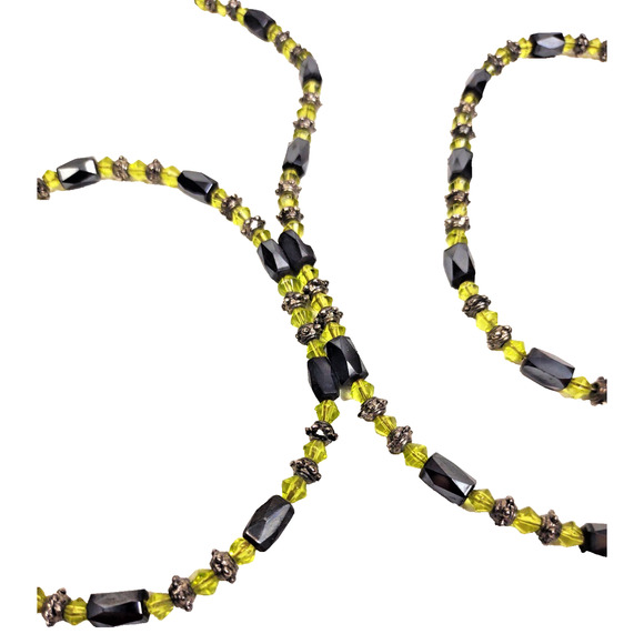 Vintage Hematite Magnetic Bracelet Necklace Black Silver Green Beads 36" Long - Picture 2 of 6